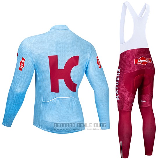 2019 Fahrradbekleidung Katusha Alpecin Blau Rot Trikot Langarm und Tragerhose - zum Schließen ins Bild klicken
